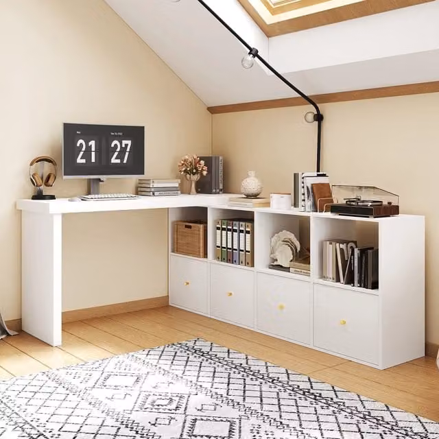 Scrivania angolare girevole a 360° con 4 cassetti e 4 vani contenitore, per ufficio e cameretta, in MDF bianco