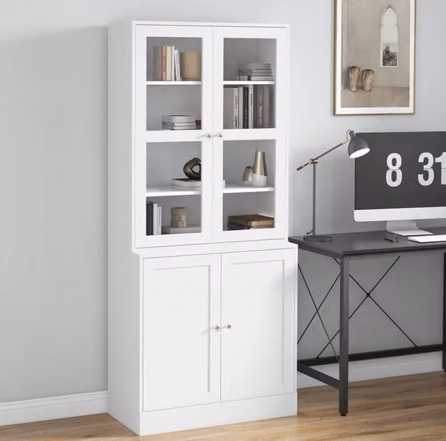 Libreria alta con ante in vetro temperato, MDF bianco, 76x40x178,5 cm