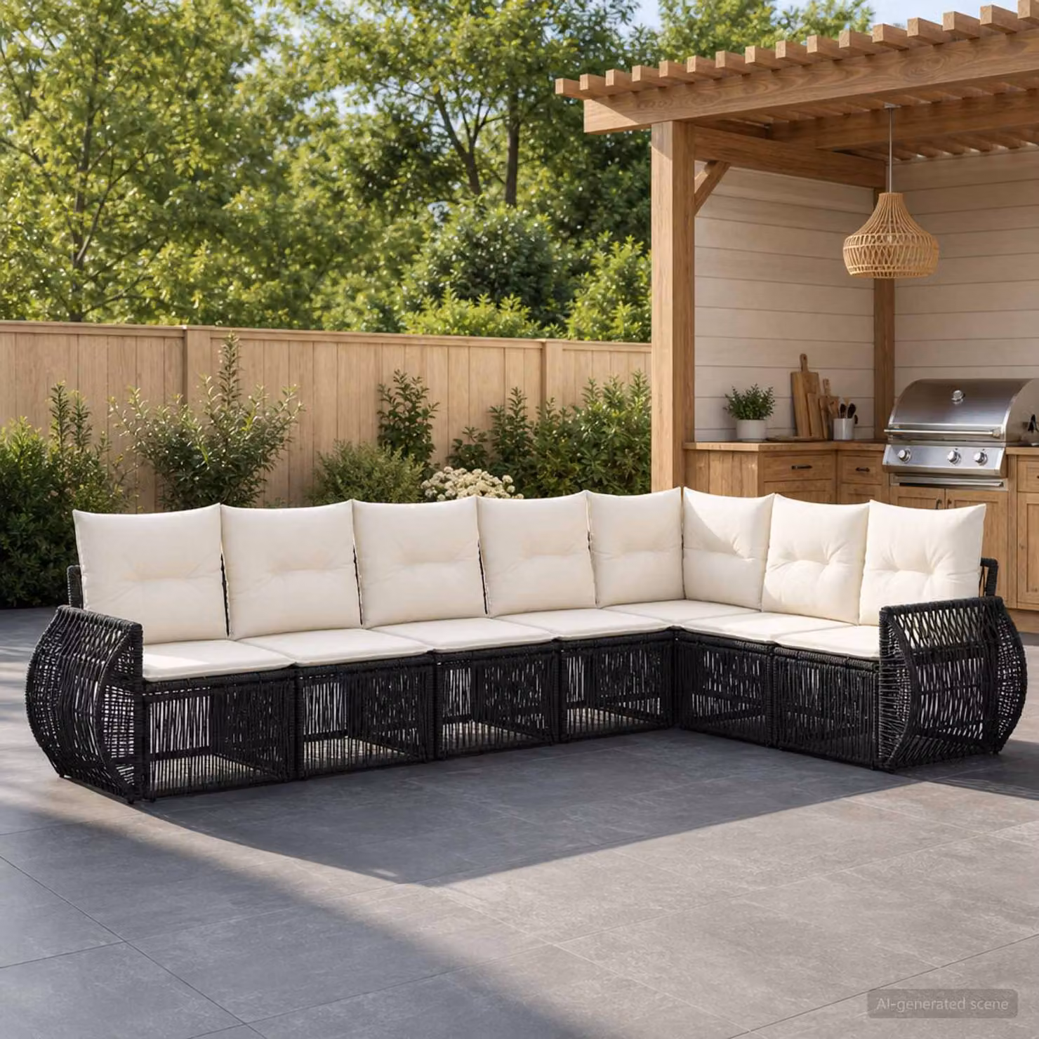 Set Divano da Giardino a L vidaXL in Polyrattan con Cuscini, Nero e Bianco Crema