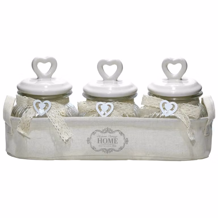 Set di 3 barattoli in vetro con cestino bianco e trasparente Gusto Casa, capacità 55cl, chiusura ermetica