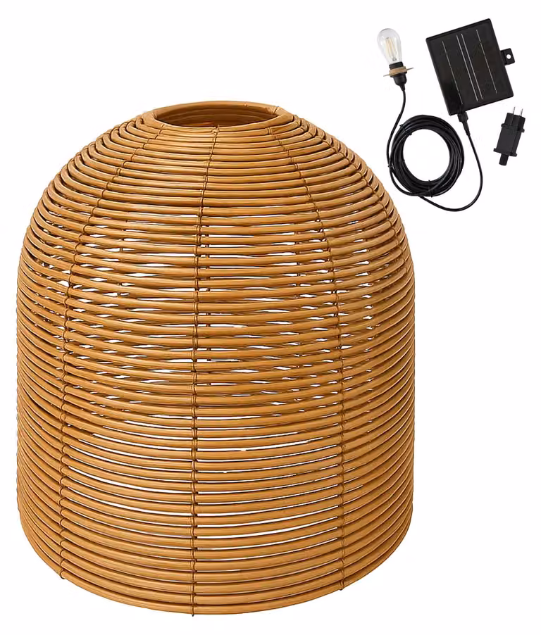 Lampada a sospensione in rattan sintetico "Polyrotan", modello ibrido solare, colore beige, lunghezza del cavo 5 metri, diametro 31 cm