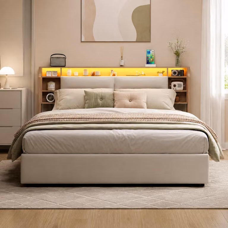 Letto matrimoniale con boxspring, imbottito, dimensioni 140x200 cm, con illuminazione LED, testiera con spazio contenitore, struttura idraulica per letto matrimoniale con rete a doghe, letto per giovani con contenitore, rivestimento inPoliuretanobianco