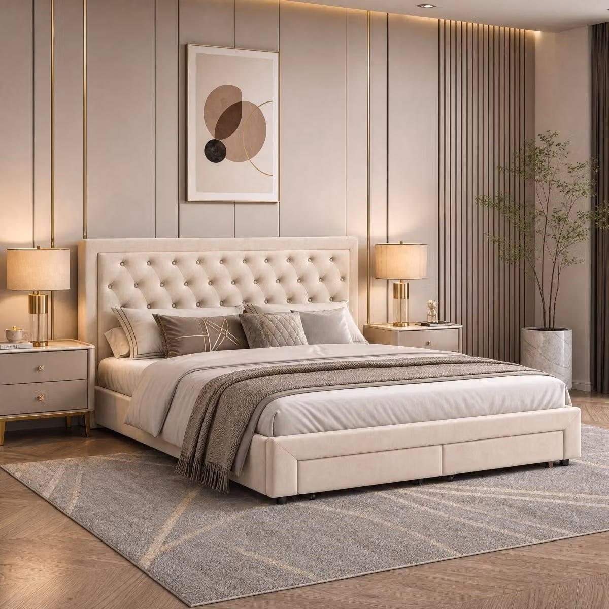 Letto imbottito con boxspring, dimensioni 160x200 cm, con spazio contenitore, letto matrimoniale con 2 cassetti, letto con sistema di sollevamento idraulico, letto per ragazzi con rete a doghe, rivestito in velluto, colore beige
