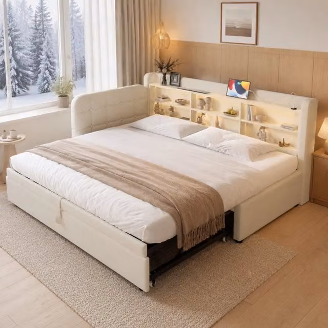 Letto Daybed 90x200 cm con divano estraibile, struttura in lino e MDF beige, con ricarica USB e Tipo C