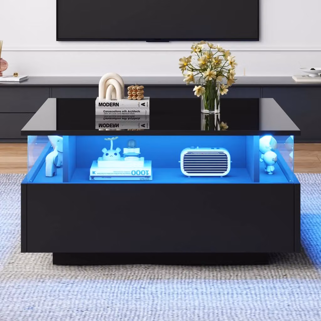 Tavolino da caffè moderno WISHDOR nero lucido con illuminazione LED, 2 cassetti e area espositiva trasparente, L: 70 cm, P: 70 cm, H: 41 cm – 2