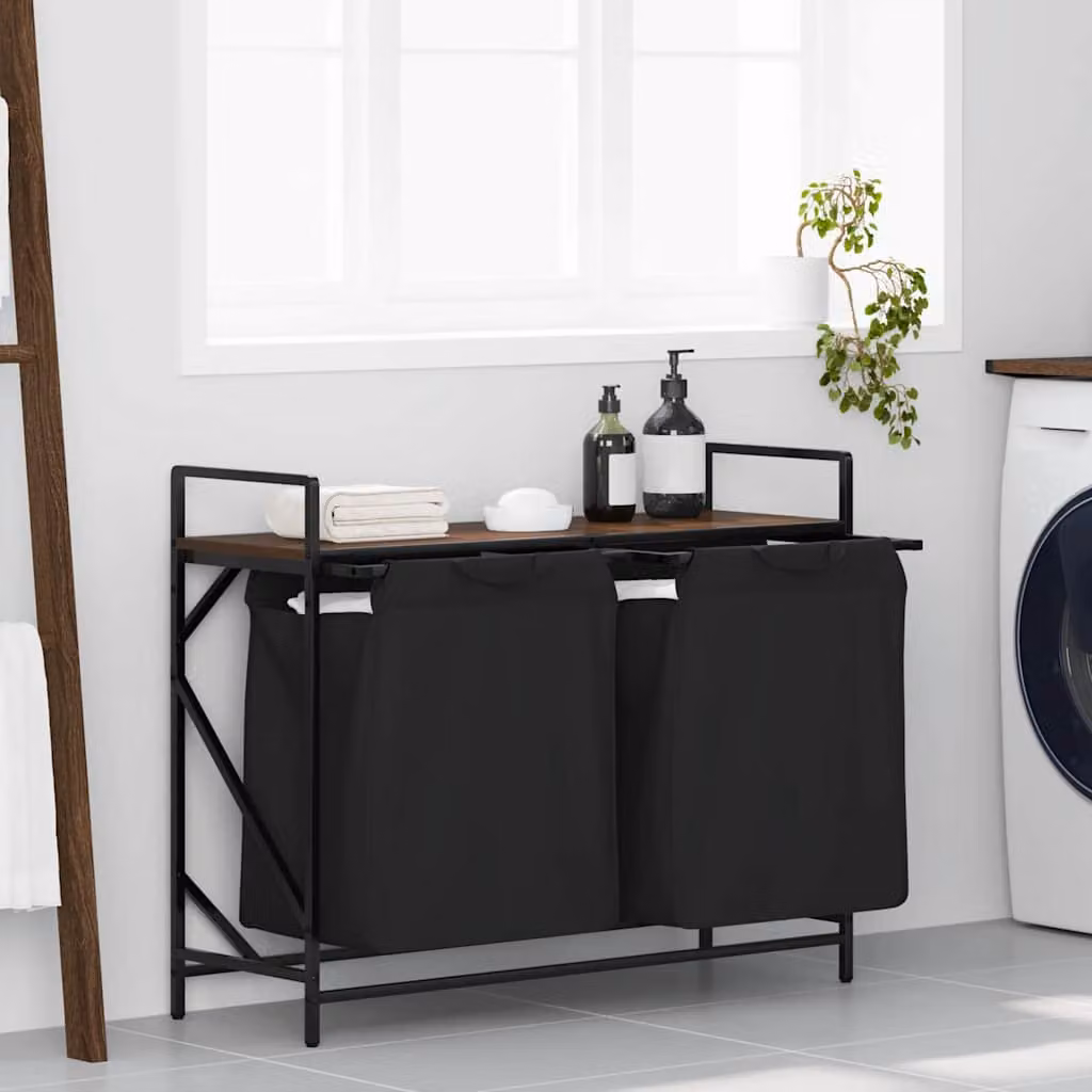vidaXL Cesto della Biancheria a 2 Scomparti con Ripiano, Marrone e Nero, L/P/H: 77 x 33 x 97 cm