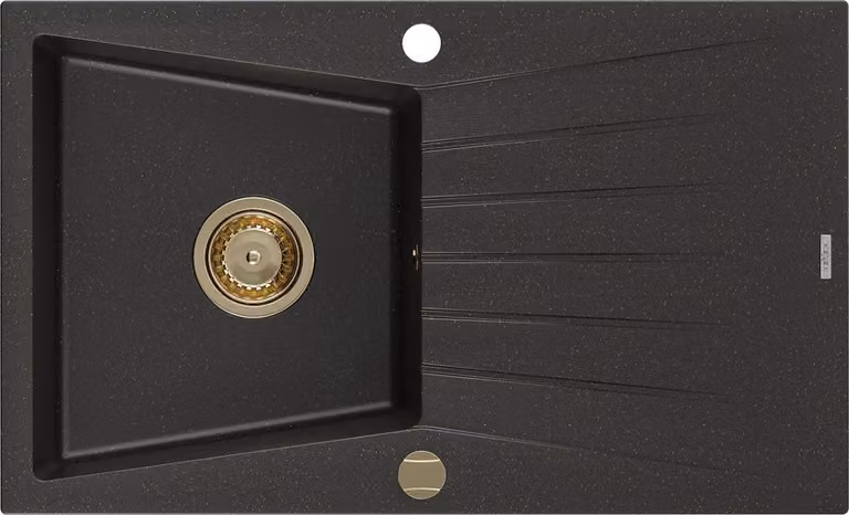 Mexen Cesar lavello in granito a 1 vasca con gocciolatoio 775 x 470 mm, nero/oro metallizzato, sifone oro - 6514771010-75-G