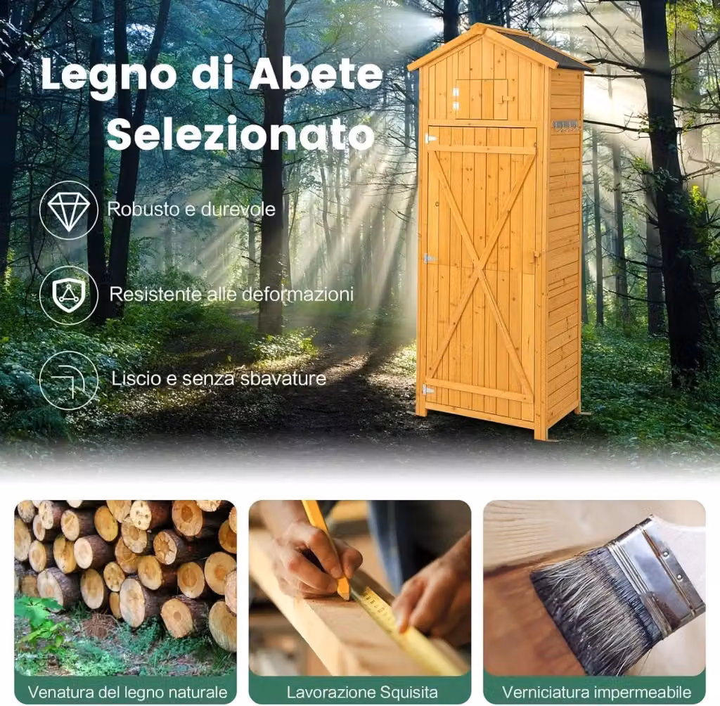 Costway Capannone da Giardino in Legno Marrone con Serratura, Tavolino Pieghevole e Ganci, Armadio per Utensili L: 75 cm, P: 50 cm, H: 180,5 cm – 2