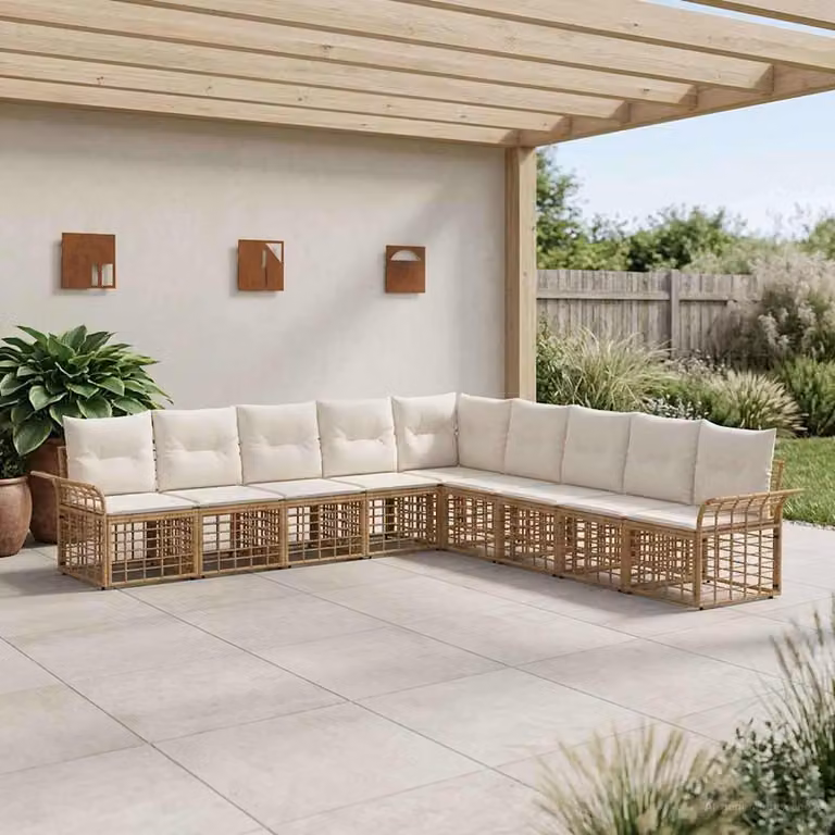 vidaXL Set di divani da esterno a L composto da 9 pezzi in rattan con struttura in metallo e cuscini beige e bianco crema
