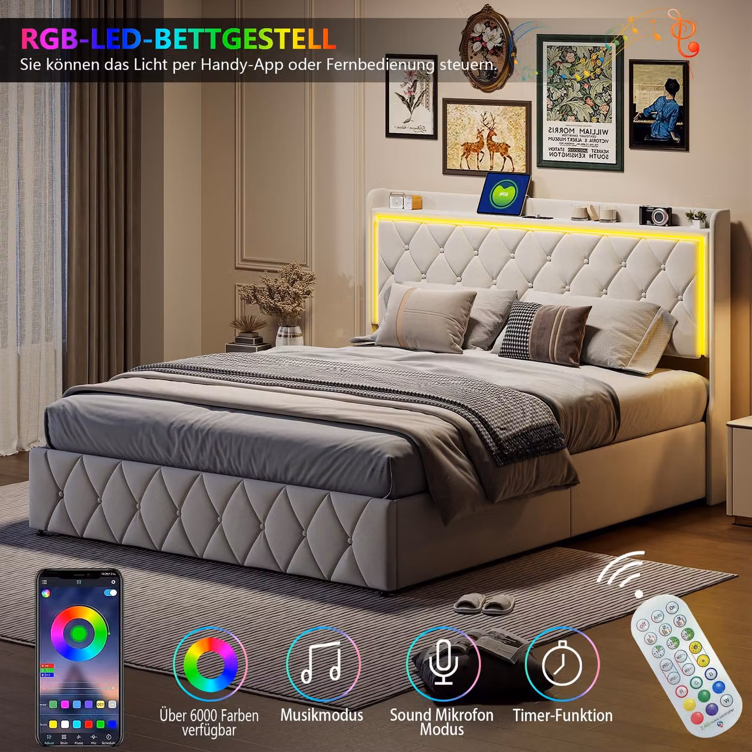 UnboxG Letto imbottito 140x190cm Beige, tessuto velluto, LED e USB/Tipo-C, rete - letto a pressione a gas letto matrimoniale con contenitore