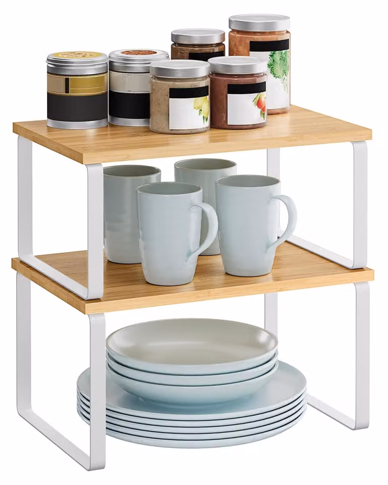 Portaspezie espandibile - Scaffale da cucina - Organizzatore per la cucina - Impilabile - Metallo/bambù - Bianco/naturale