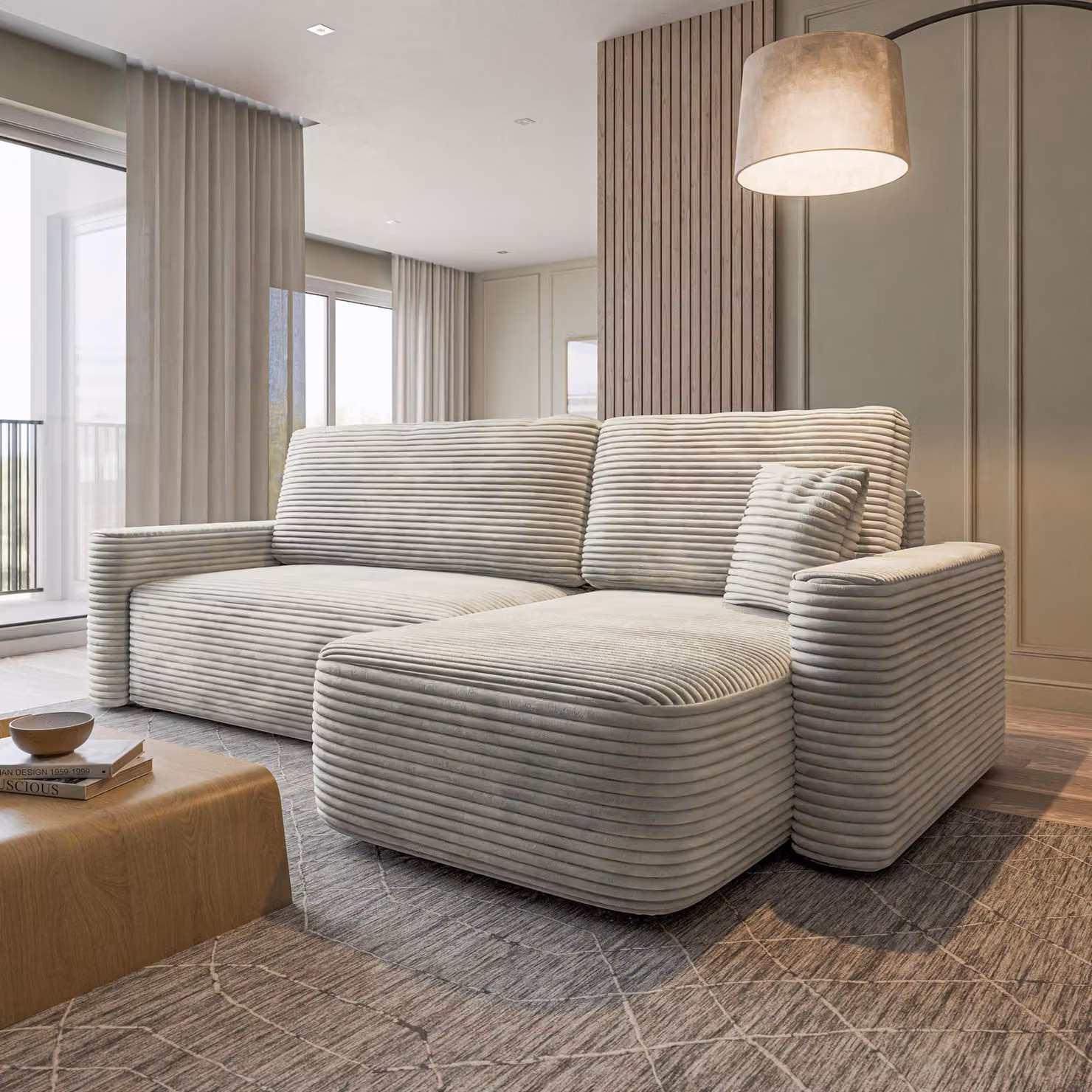 Divano ad angolo Masseno NERI T con funzione letto a L, divano con contenitore, divano da salotto, divano, divano letto, set divani - Grigio chiaro, TILIA 83