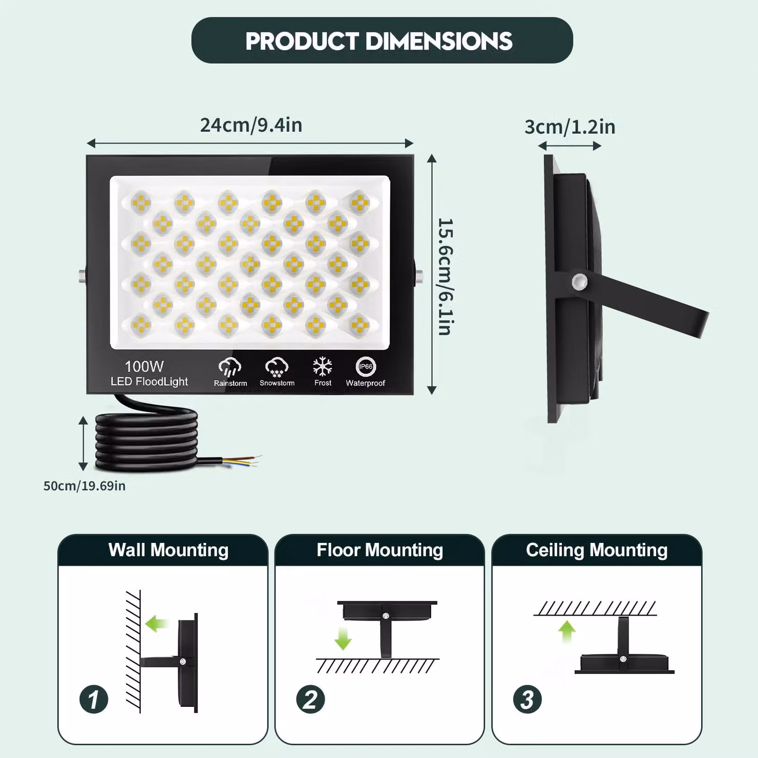 Fari a LED da 100 W - confezione da 5 pezzi - 6500 K (bianco freddo) - grado di protezione IP66 - 220–240 V - impermeabili - illuminazione per giardino e pareti