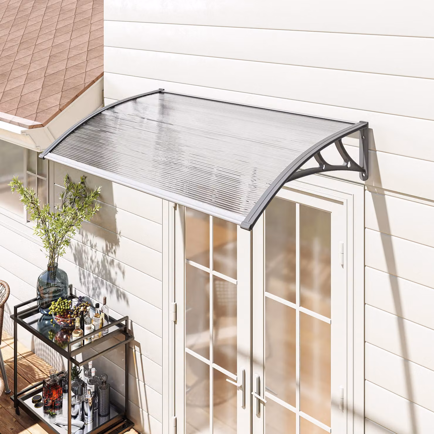 Tettoia moderna Outsunny in alluminio e policarbonato trasparente per balconi, finestre e porte, L 110 x P 60 x H 18 cm – 2