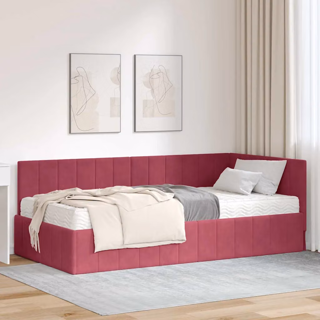 vidaXL Letto Angolare Moderno in Velluto Rosso con 2 Materassi in Schiuma, L/P/H: 140 x 200 x 94 cm