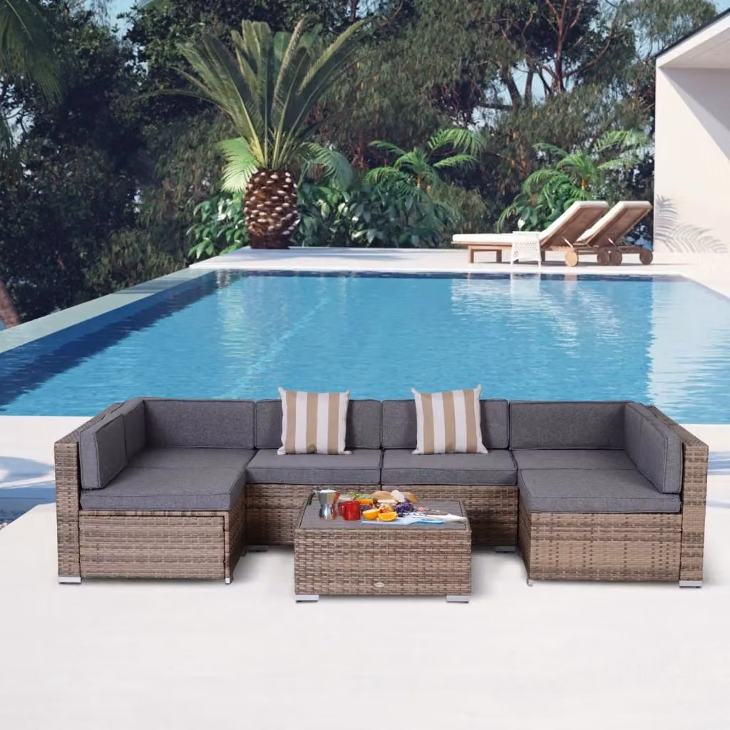 Set da giardino modulare GIORDANOSHOP in polyrattan grigio con divano imbottito, elementi angolari e tavolino da esterno – 2