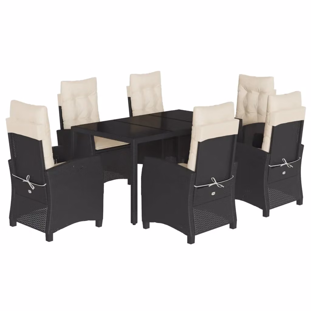Set da Pranzo da Giardino vidaXL 7 pz in Polyrattan Nero con Piano in Vetro e Cuscini – 2