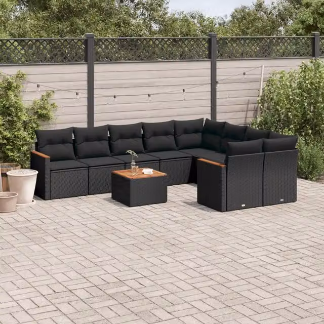 Set Divani da Giardino 10pz con Cuscini in Polyrattan Nero 3226307