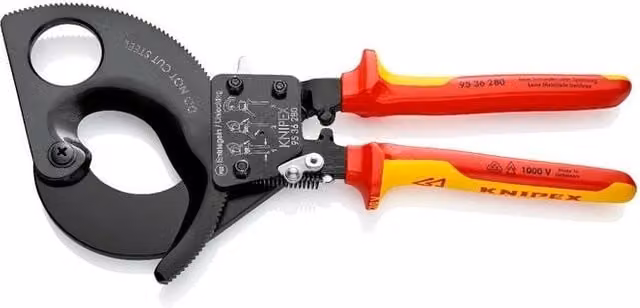 Cesoia a cremagliera per cavi in rame e alluminio Knipex fino a 380 mm² e 52 mm Ø con sistema a cricchetto VDE colore nero