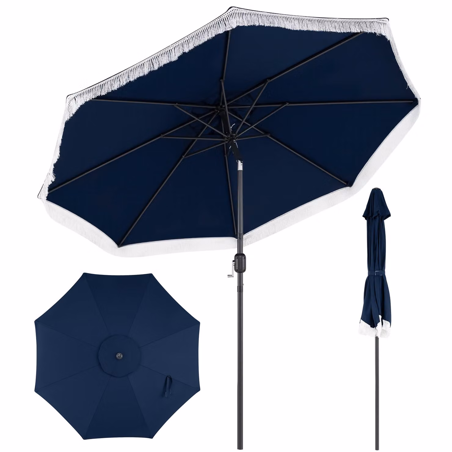 Ombrellone da giardino Costway blu con 8 costole, palo in metallo, manovella e parte superiore ventilata, inclinabile di 30°