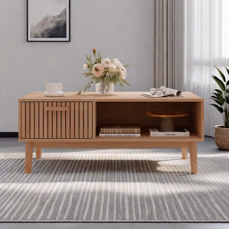 Tavolino in rattan ProximaX con vano portaoggetti e cassetto | Tavolo da soggiorno in legno da 100 cm in colore naturale | Tavolo da divano con vano portaoggetti