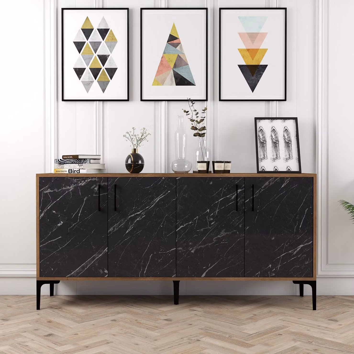 Skye Decor, Kiev 160 - Noce, Marmo nero, Konsole, Nussbaum, 100 % MELAMINBESCHICHTETETETEN SPANPLATTEN, 160 x 35 x 78 cm