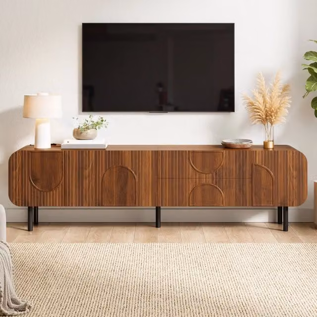 Mobile TV Mid-Century 180 cm con 3 ante; 2 cassetti; passacavi e gambe in metallo; effetto noce
