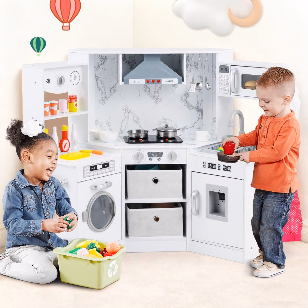 Cucina giocattolo per bambini Costway in legno con luci e suoni, angolo cucina con cappa aspirante illuminata, Bianco