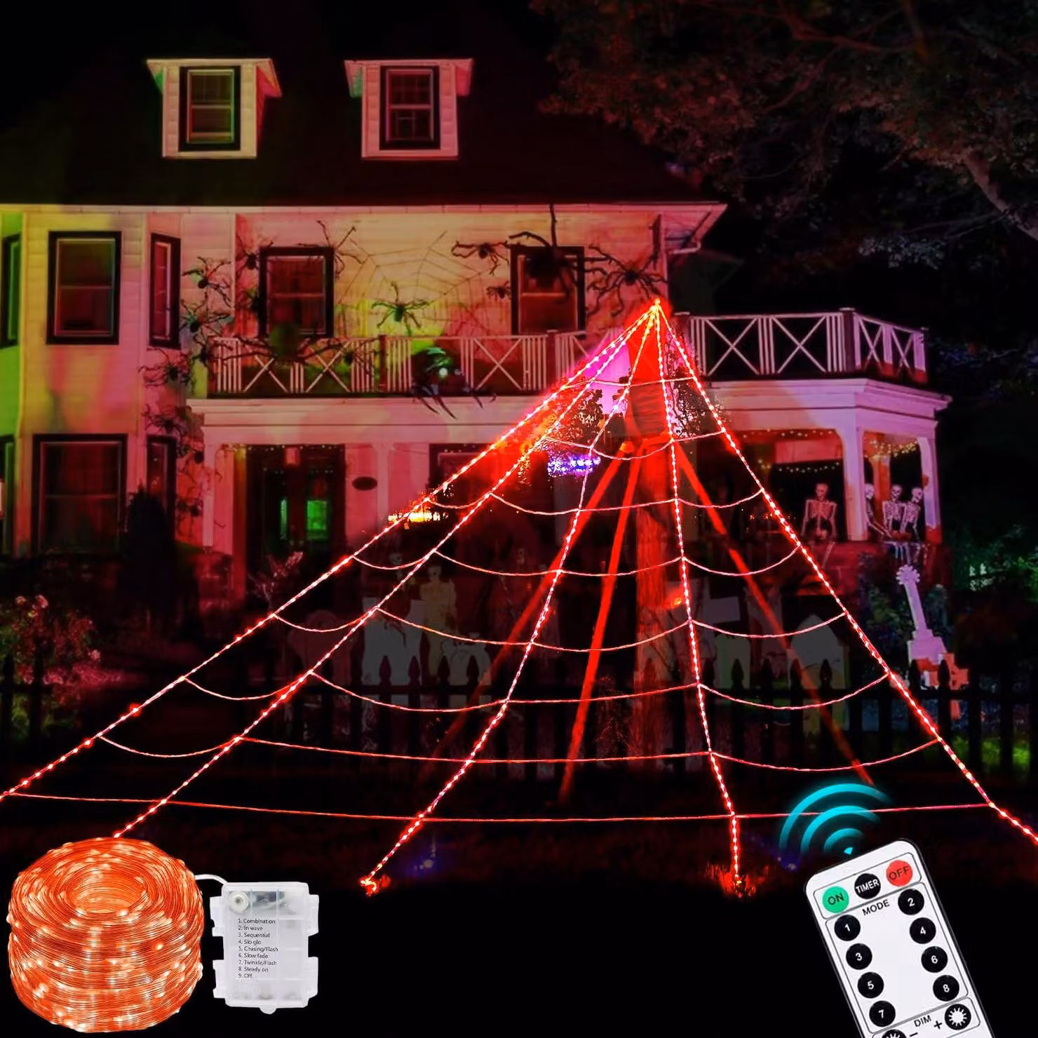 Rete luminosa a forma di ragnatela per Halloween, 5 metri, 390 LED, con telecomando, 8 modalità