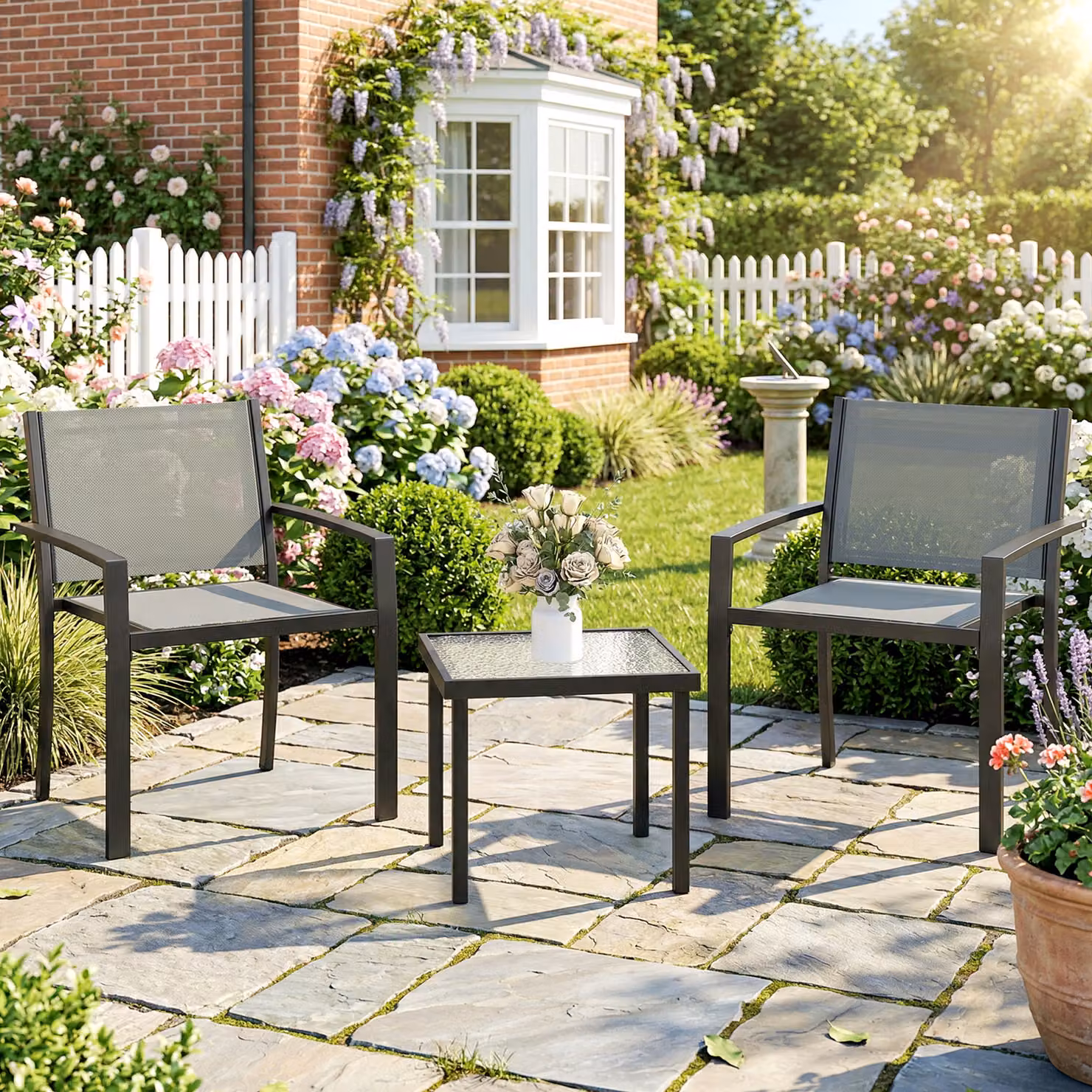 Set da terrazza Outsunny composto da 3 pezzi con tavolo in vetro e sedie in textilene, Grigio chiaro – 2