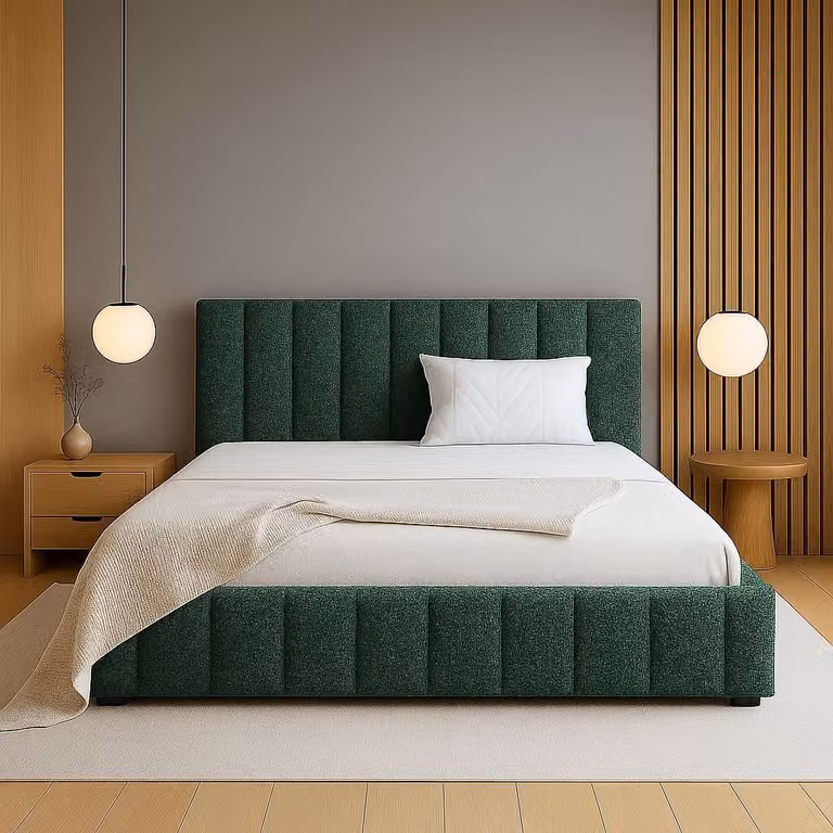 Letto imbottito GUTTO verde 120x200 a doghe metalliche in tessuto boucle teddy di qualità con box letto e contenitore