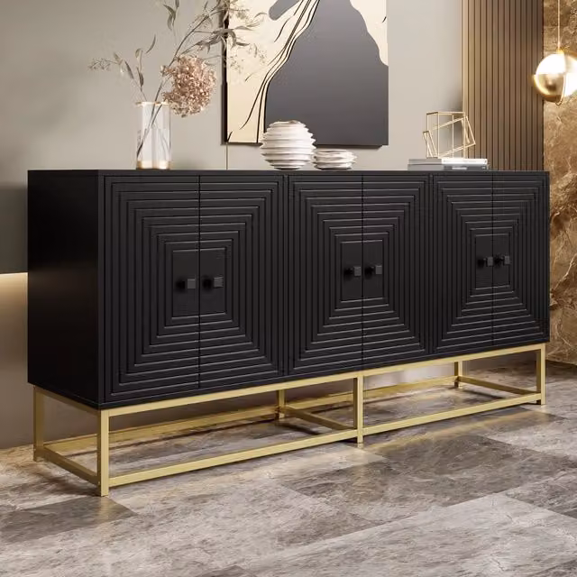 Madia moderna OKWISH nera opaca con 6 ante e 3 vani in MDF per soggiorno, sala da pranzo o ufficio, L: 160 cm, P: 38 cm, H: 75,5 cm