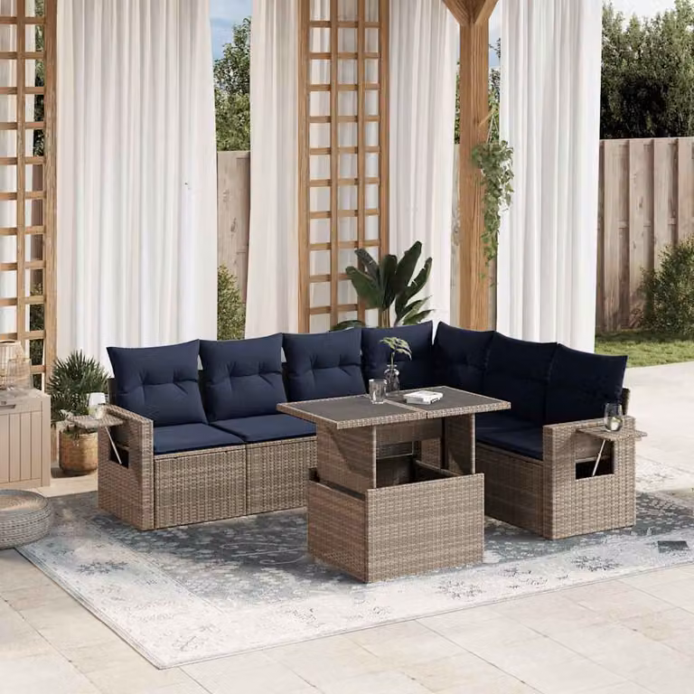 Set da giardino vidaXL in polyrattan composto da 7 pezzi con cuscini grigi e blu e struttura in metallo