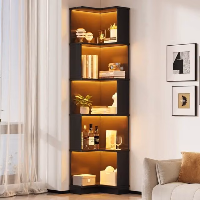 Scaffale angolare a L nero 175x63,5x45 cm, 5 ripiani, striscia LED cambio colore con controllo app