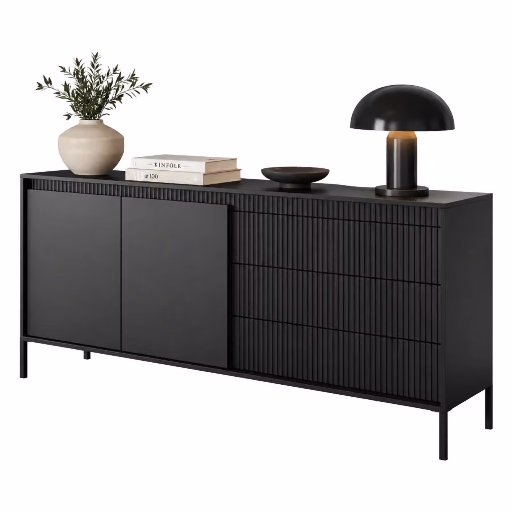 Madia Hatone DMORA con 3 cassetti, colore nero, L: 187 cm, P: 40 cm, H: 81 cm – 2