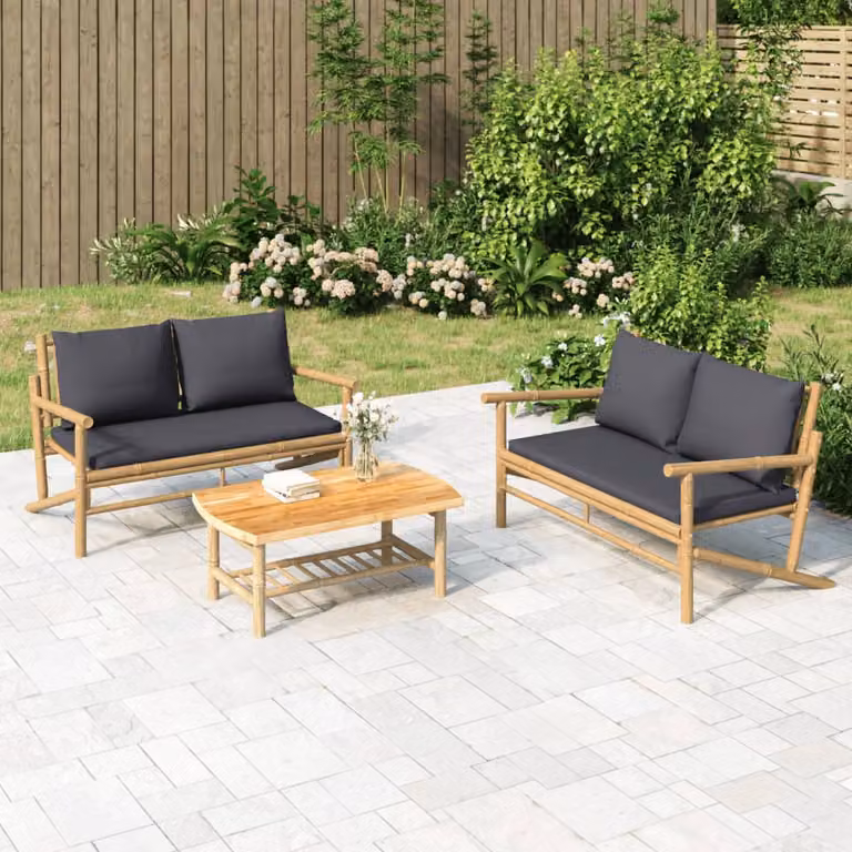 Set Salotto da Giardino vidaXL in Legno di Bambù con Divano a 2 Posti, Tavolino da Caffè e Cuscini, Marrone e Grigio