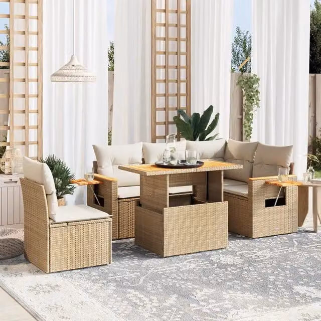 Set Divano da Giardino Moderno VIDAXL in Polyrattan Beige con Cuscini, 6 Posti a Forma di L – 1