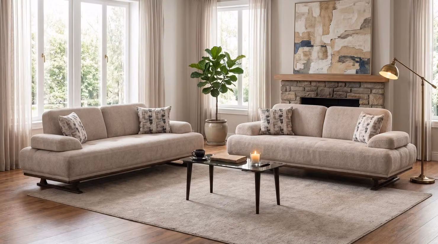 Set per soggiorno dal design intramontabile, composto da due divani a tre posti, con imbottitura confortevole, color beige