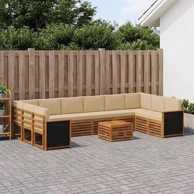 Set di divani da esterno vidaXL in legno di acacia con cuscini, beige e marrone, composizione a L con tavolino da caffè, 11 pezzi – 1