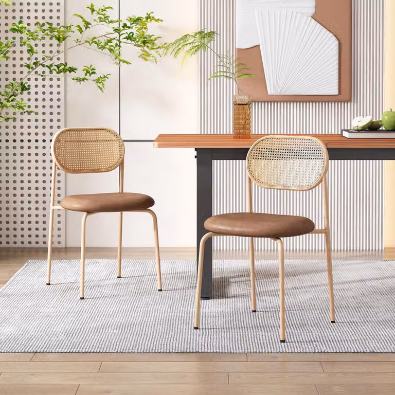Set di 2 sedie da pranzo, design moderno e semplice, con quattro gambe in metallo, seduta in rattan, adatte per la sala da pranzo, il soggiorno e la camera da letto, colore marrone