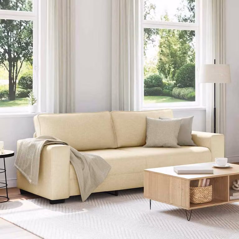 Divano a 3 posti moderno vidaXL in tessuto beige con cuscini, L: 220 cm, P: 77 cm, H: 82 cm