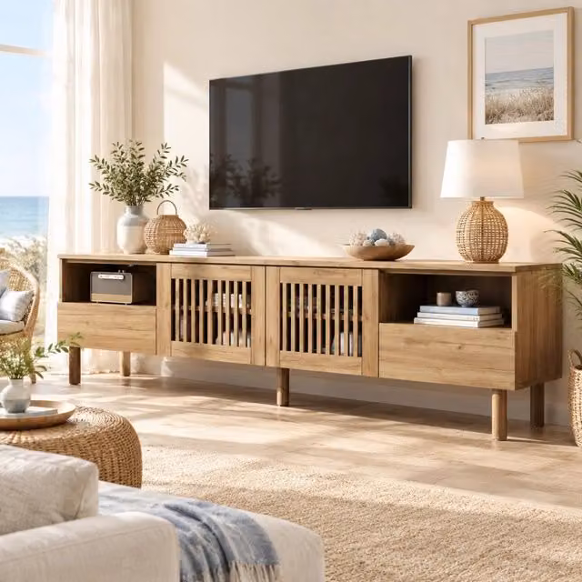 Desviae Mobile porta TV con 2 ante a griglia 2 cassetti e vani aperti in MDF con gambe in legno colore naturale 180 × 40 × 51 cm