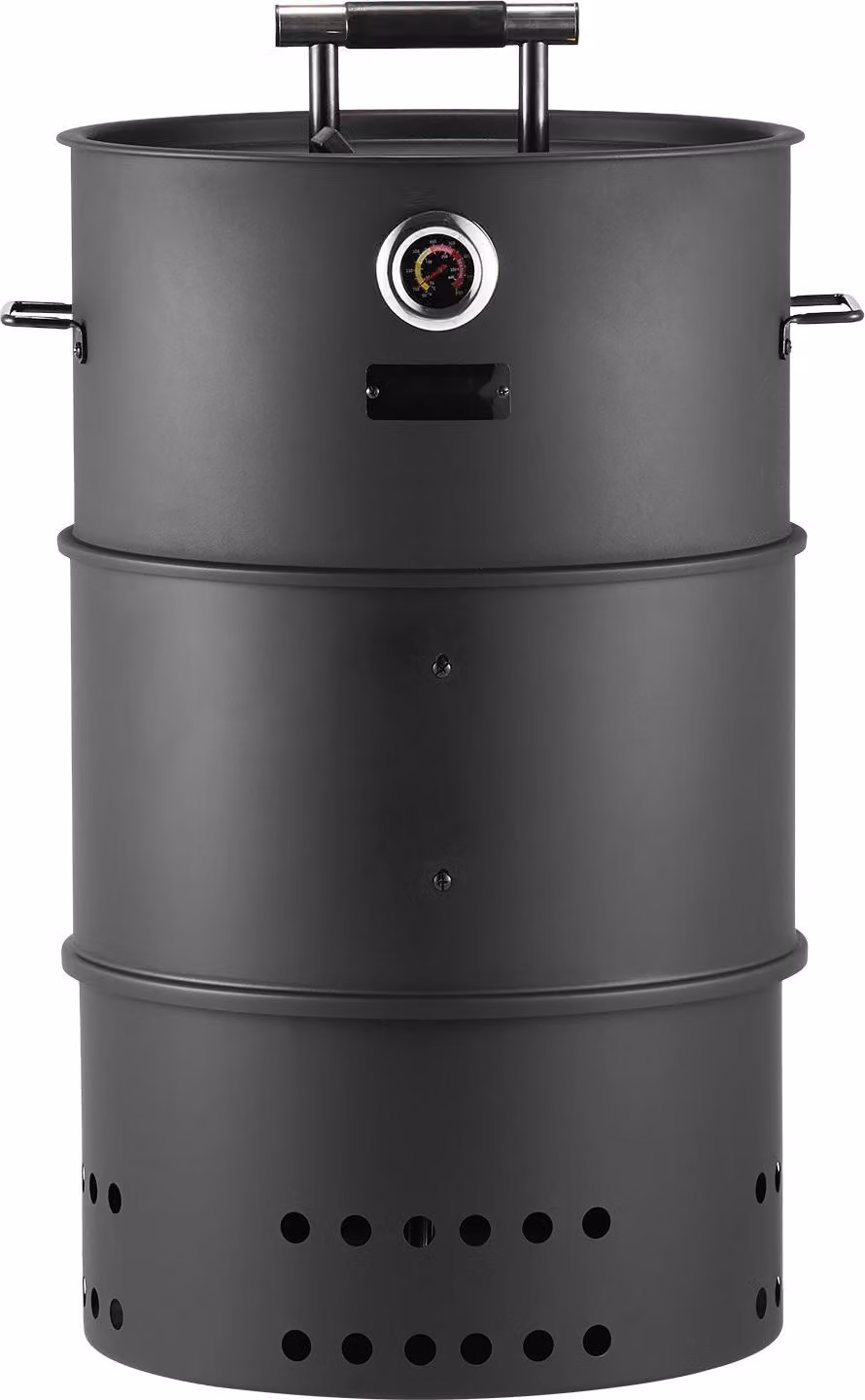 Affumicatore - BBQ-Smoker Griglia a carbonella Canna da barbecue - 47 cm di diametro - 2 griglie - Asta di sospensione e 6 ganci - Termometro integrato - Acciaio rivestito