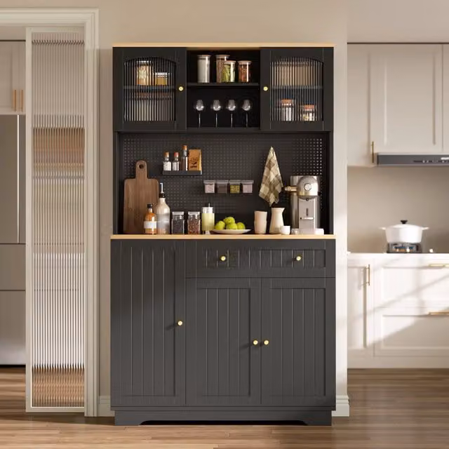 Credenza alta con vetrina, cassetto, ripiani regolabili e pannello forato, in truciolare nero, 103,5 × 40 × 180 cm
