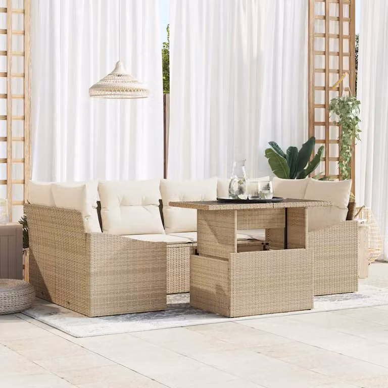 Set Divano da Giardino vidaXL 7 Pezzi Beige con Tavolino in Vetro e Cuscini Imbottiti in Polyrattan e Acciaio