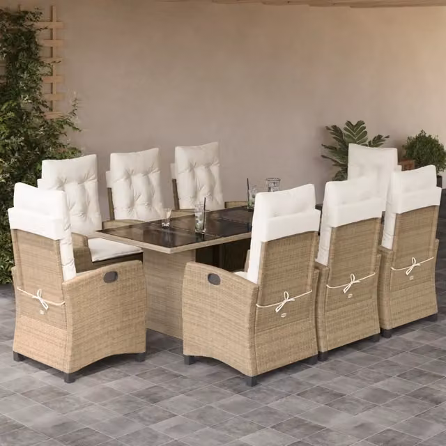 Set da pranzo da giardino vidaXL in polyrattan con cuscini beige e piano in vetro, 9 pezzi – 1
