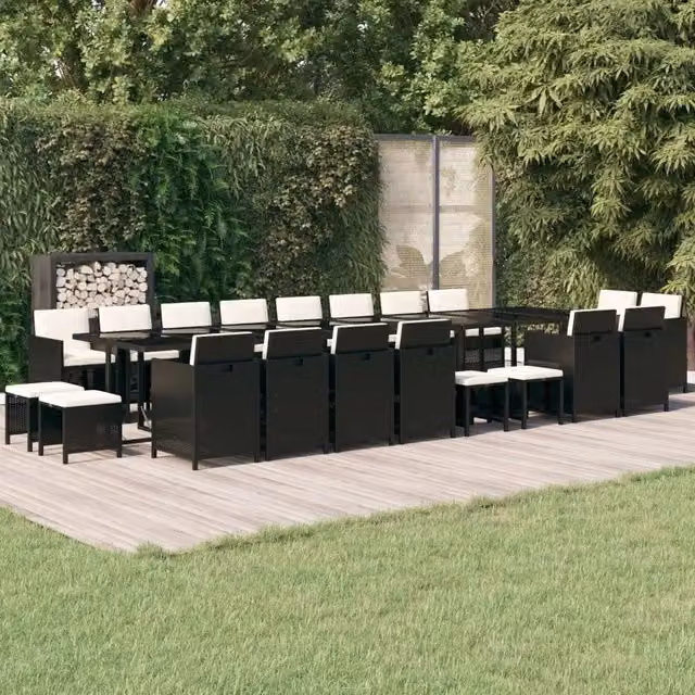 Set da Pranzo da Giardino vidaXL in Polyrattan Nero con Cuscini Bianchi e Tavolo in Vetro, 21 Pezzi – 1