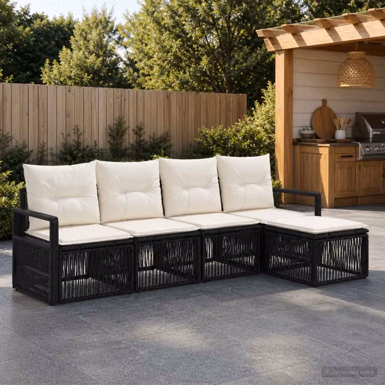 Set Divano da Giardino Moderno vidaXL a L con Poltrona e Pouf, Nero, in Polyrattan e Metallo con Cuscini Rimovibili