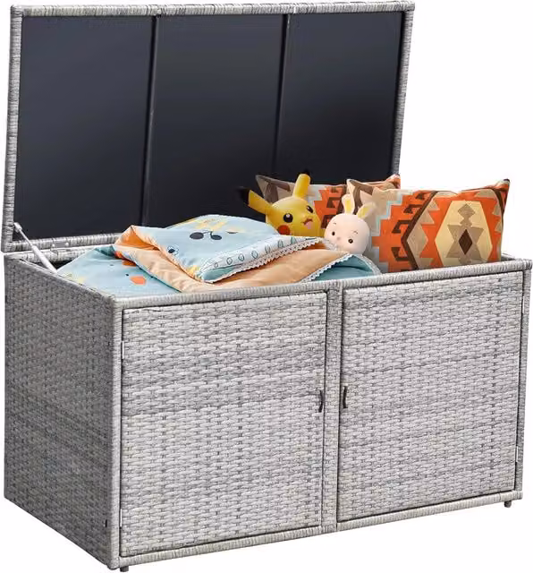 Baule contenitore da giardino Costway con coperchio e 2 ripiani in metallo e rattan, Grigio – 1