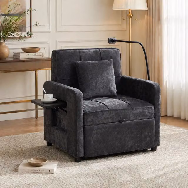 Poltrona letto 167x79x83 cm grigio scuro con tavolino e vano contenitore, ciniglia